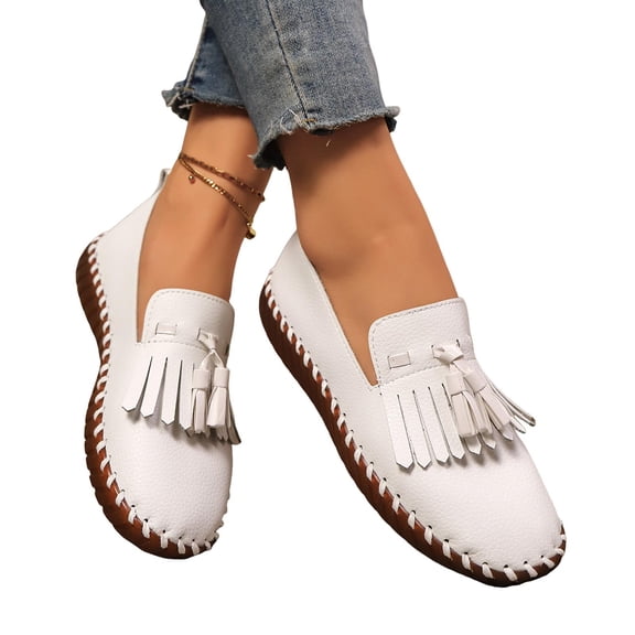 Tassel Slip on Loafers for Women Spring Fall Fashion Casual Leather Fringe Non Slip Walking Flats Work Shoes