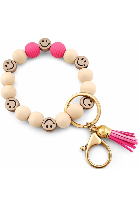 Tassel Smile Key Chain Bracelet for Women Wooden Happy Faces Beaded Key Chain Wristlet Keychain for Car Keys