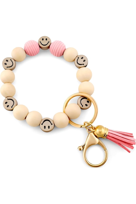 Tassel Smile Key Chain Bracelet for Women Wooden Happy Faces Beaded Key Chain Wristlet Keychain for Car Keys