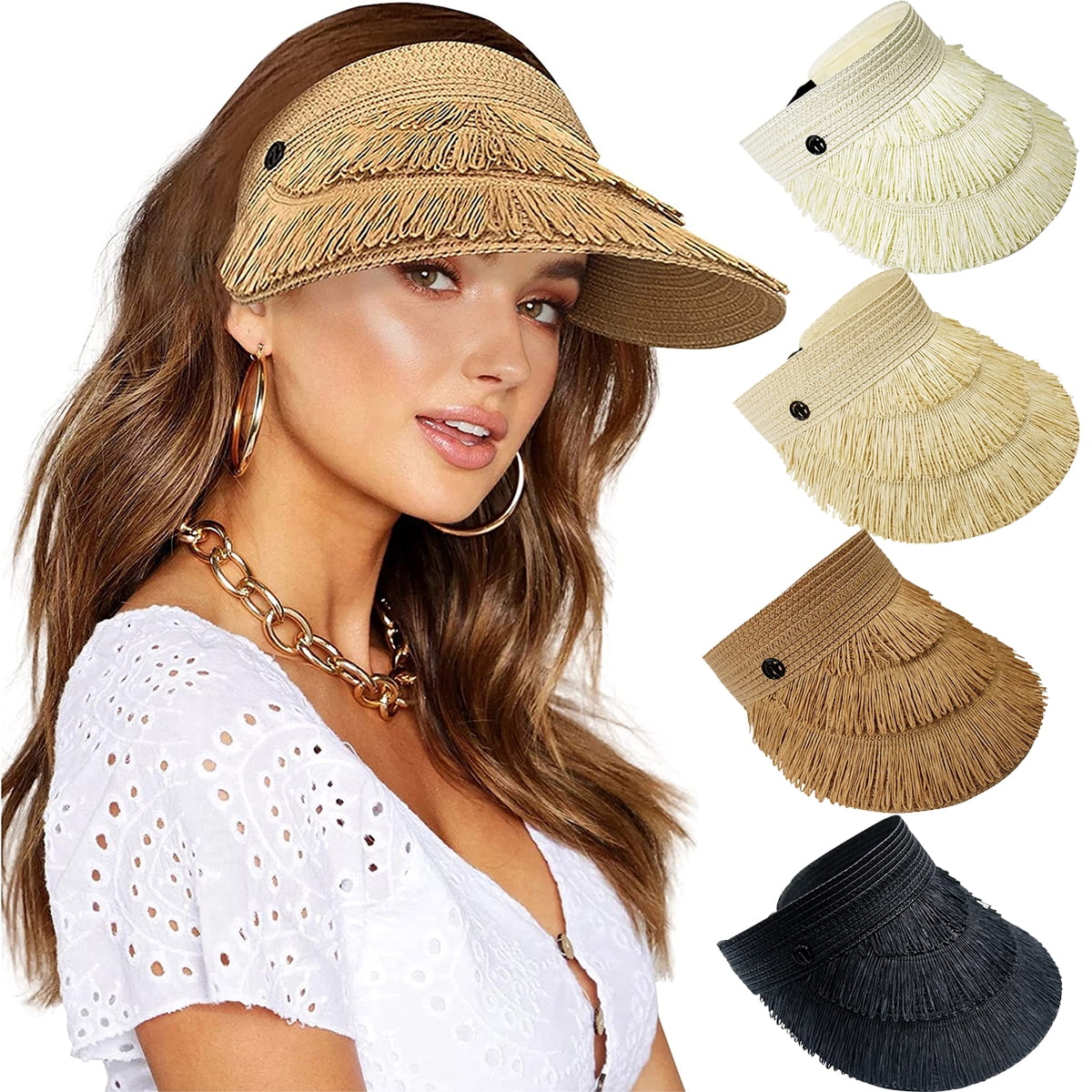 Tassel Sun Visor Hats for Women Stretch Band Adjustable with Buckle UPF