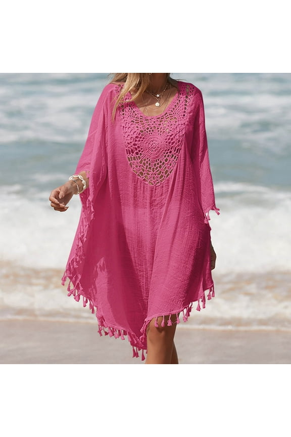 Tassel Swimsuit Cover Up Dress for Women,Long Sleeve Bohemian Bathing Suit Coverups,Batwing Ruffle Hollow Out Crochet Beach Outfits