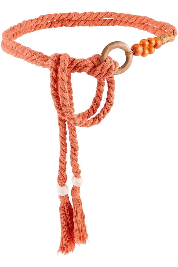 Tassel Waist Belt Orange Boho Rope Cotton Handmade Weaving Bead Ring Handwoven Macrame Woven Long Skinny Apparel Decorative Chain