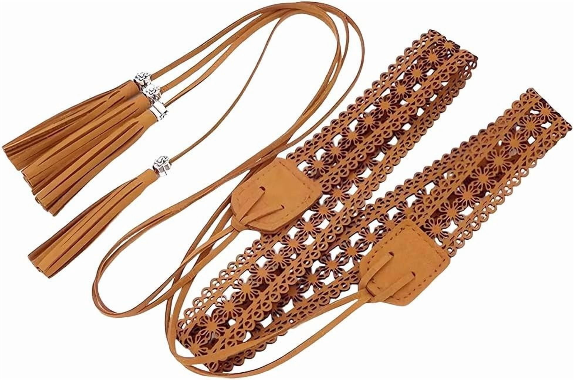 Tassel Waistband 66.54 x 1.12 Inch PU Leather Vintage Hollow  display picture 1