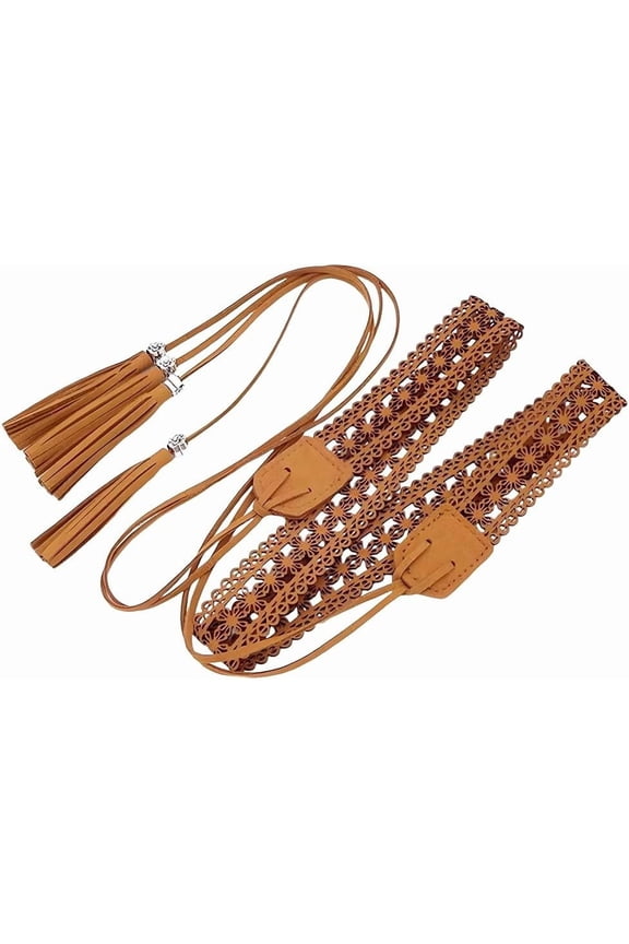 Tassel Waistband 66.54 x 1.12 Inch PU Leather Vintage Hollow Belt Boho Knotted Waist Belt with Wax Rope Western Ethnic Macrame Waisbands for Women Dress Skirt (Saddle Brown) Brown