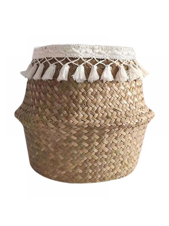 Tassel Woven Seagrass Belly Basket For Storage Decoration