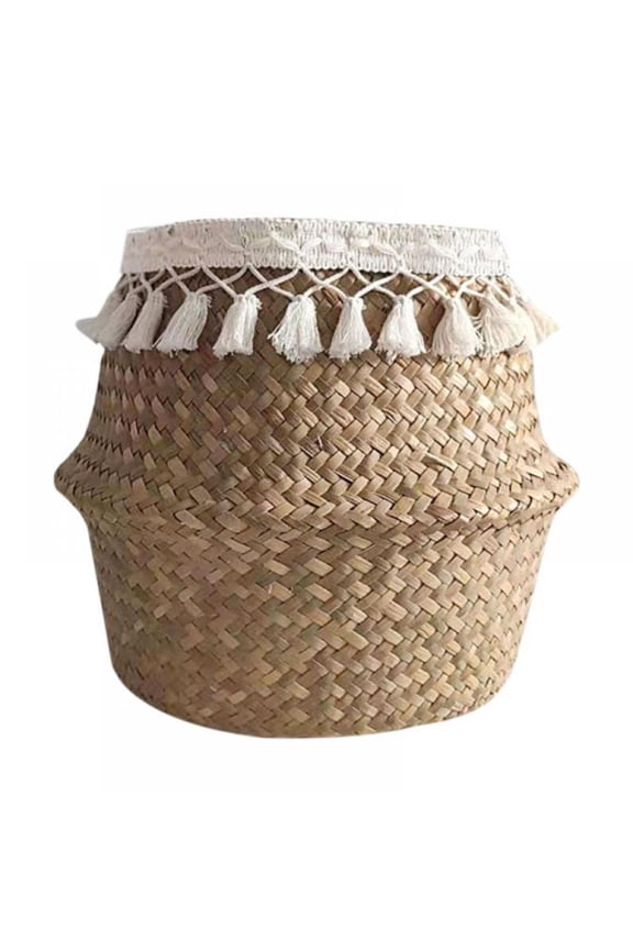 Tassel Woven Seagrass Belly Basket For Storage Decoration