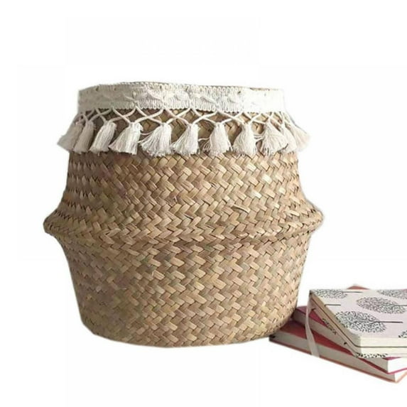 Tassel Woven Seagrass Belly Basket - Woven Baskets For Storage