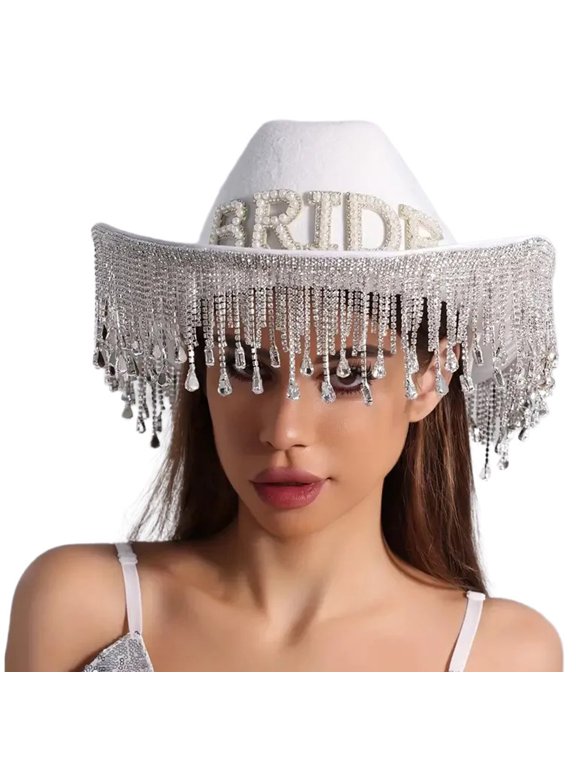 Tasseled Bride Hat Elegant Cowgirl Hat Encrusted Rhinestones Delicate BRIDE Banner Diamond-studded Hand Beading Hat