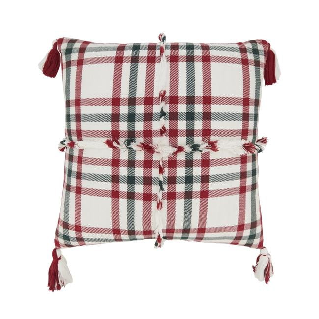 Red and Green Tasseled Plaid Outdoor Throw Pillow Cover, 18"x18"