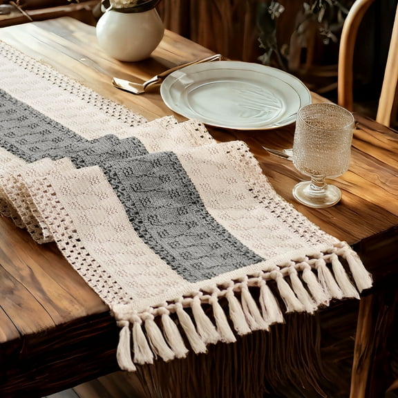 TickJOY Boho Table Runner – Farmhouse Decor Macrame Runner Table Cloth with Tassels for Home Decor, Kitchen Decor, Living Room Decor, Centerpiece Table Decorations(Grey/Beige, 12x72 Inches)