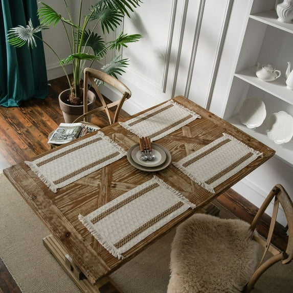 Tassels Boho Placemats Set of 2, Macrame Place Mats Burlap Splicing Woven Rectangular Table Mats, Farmhouse Table Decor for Rustic Wedding Bridal Shower, 12x20 Inches