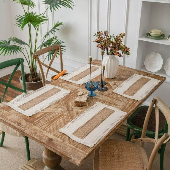 Tassels Boho Placemats Set of 2, Macrame Place Mats Burlap Splicing Woven Rectangular Table Mats, Farmhouse Table Decor for Rustic Wedding Bridal Shower, 12x20 Inches