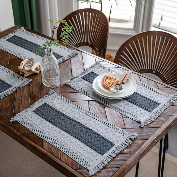Tassels Boho Placemats Set of 2, Macrame Place Mats Burlap Splicing Woven Rectangular Table Mats, Farmhouse Table Decor for Rustic Wedding Bridal Shower, 12x20 Inches