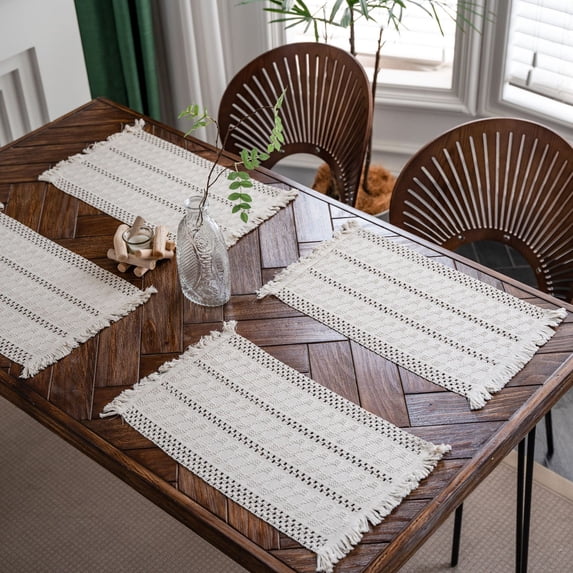 Tassels Boho Placemats Set of 2, Macrame Place Mats Burlap Splicing Woven Rectangular Table Mats, Farmhouse Table Decor for Rustic Wedding Bridal Shower, 12x20 Inches