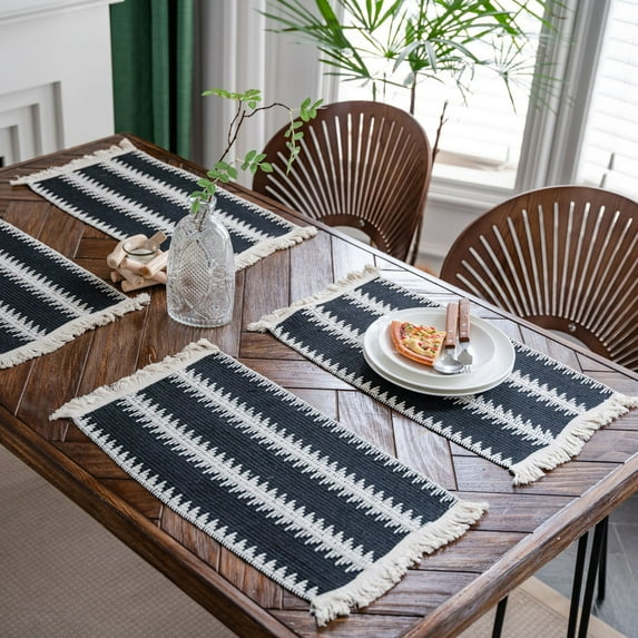 Tassels Boho Placemats Set of 2, Macrame Place Mats Burlap Splicing Woven Rectangular Table Mats, Farmhouse Table Decor for Rustic Wedding Bridal Shower, 12x20 Inches