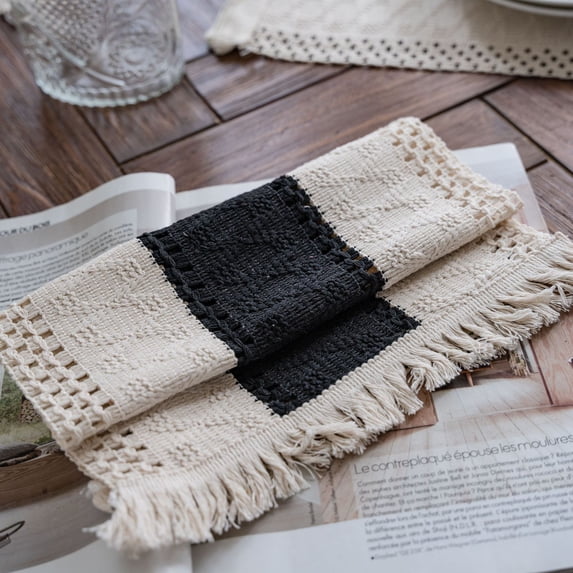 Tassels Boho Placemats Set of 2, Macrame Place Mats Burlap Splicing Woven Rectangular Table Mats, Farmhouse Table Decor for Rustic Wedding Bridal Shower, 12x20 Inches