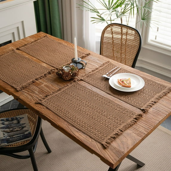 Tassels Boho Placemats Set of 2, Macrame Place Mats Burlap Splicing Woven Rectangular Table Mats, Farmhouse Table Decor for Rustic Wedding Bridal Shower, 12x20 Inches