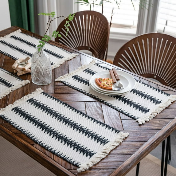 Tassels Boho Placemats Set of 2, Macrame Place Mats Burlap Splicing Woven Rectangular Table Mats, Farmhouse Table Decor for Rustic Wedding Bridal Shower, 12x20 Inches