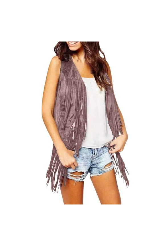 Tassels Fringed Vest Cardigan Clearance Women's Autumn Winter Suede Ethnic Long Vests Sleeveless Draped Lightweight Open Front Cardigan with Side Pockets Wyongtao