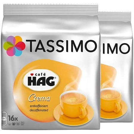 Tassimo Café HAG Crema Decaffeinated, Rainforest Alliance Certified, Pack of 2, 2 x 16 T-Discs