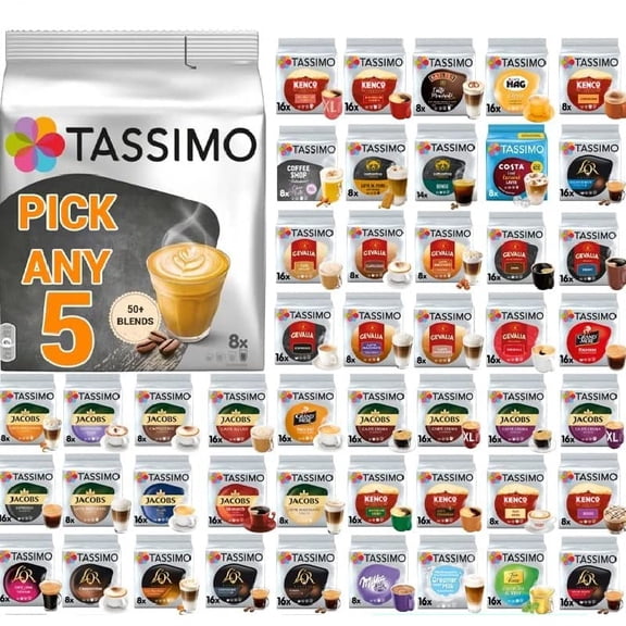 Tassimo Coffee, Tea, Chocolate Pods. Pick Any 5 Packs from 50+ Blends Including Kenco, Costa, Jacobs, Hot Chocolate, Chai latte, Baileys, Cadbury, Milka, Oreo, Cafe Hag and More.