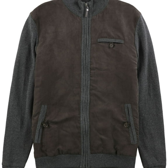 Tasso Elba Mens Faux-Suede Knit Bomber Jacket, Grey, Small