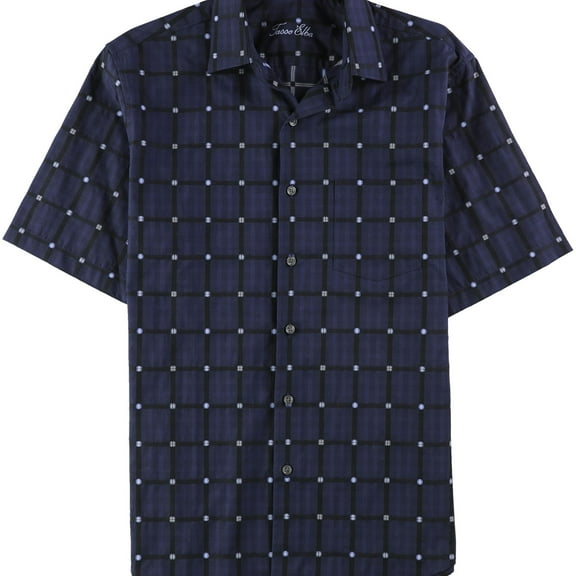 Tasso Elba Mens Grid Button Up Shirt, Blue, Small