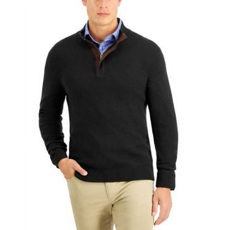 Tasso Elba Men's Sweater Large Cotton Pullover Quarter-Zip Blue Elbow  Patches
