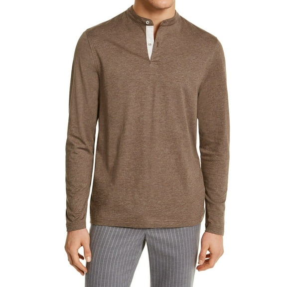 Tasso Elba Mens T-Shirt Heather Small Banded Collar Henley   Brown S