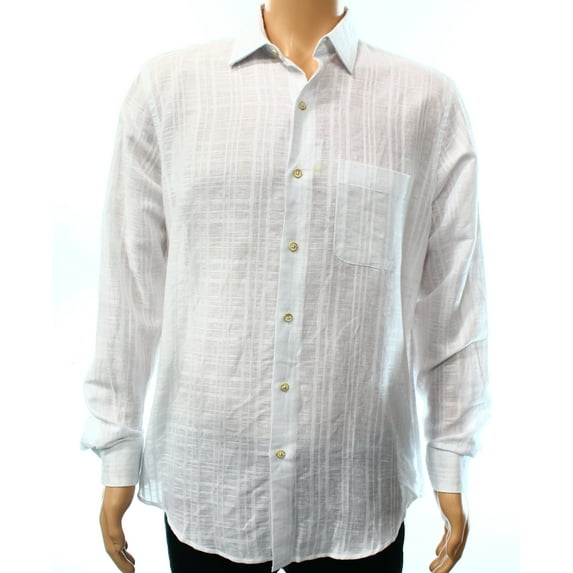 Tasso Elba Mens Textured Grid Button Up Shirt, White, Medium