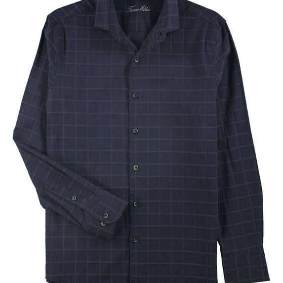Tasso Elba Mens WindowPane Button Down Dress Shirt, Blue, 14-14.5