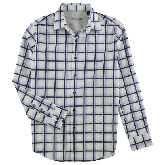 Tasso Elba Mens Windowpane Button Up Shirt, Blue, Small