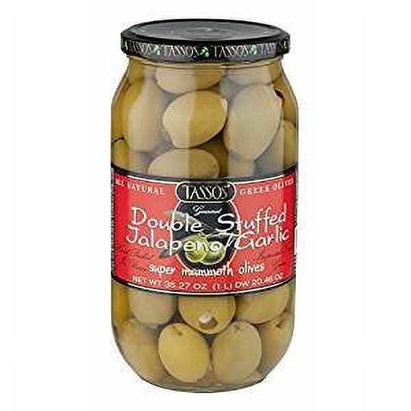 Tassos Double Stuffed Jalapeno and Garlic Olives, 1 Liter (pack of 6)
