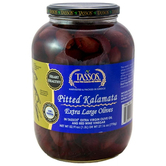 Tassos Pitted Kalamata Extra Large Olives from Greece 1.5L Jar.