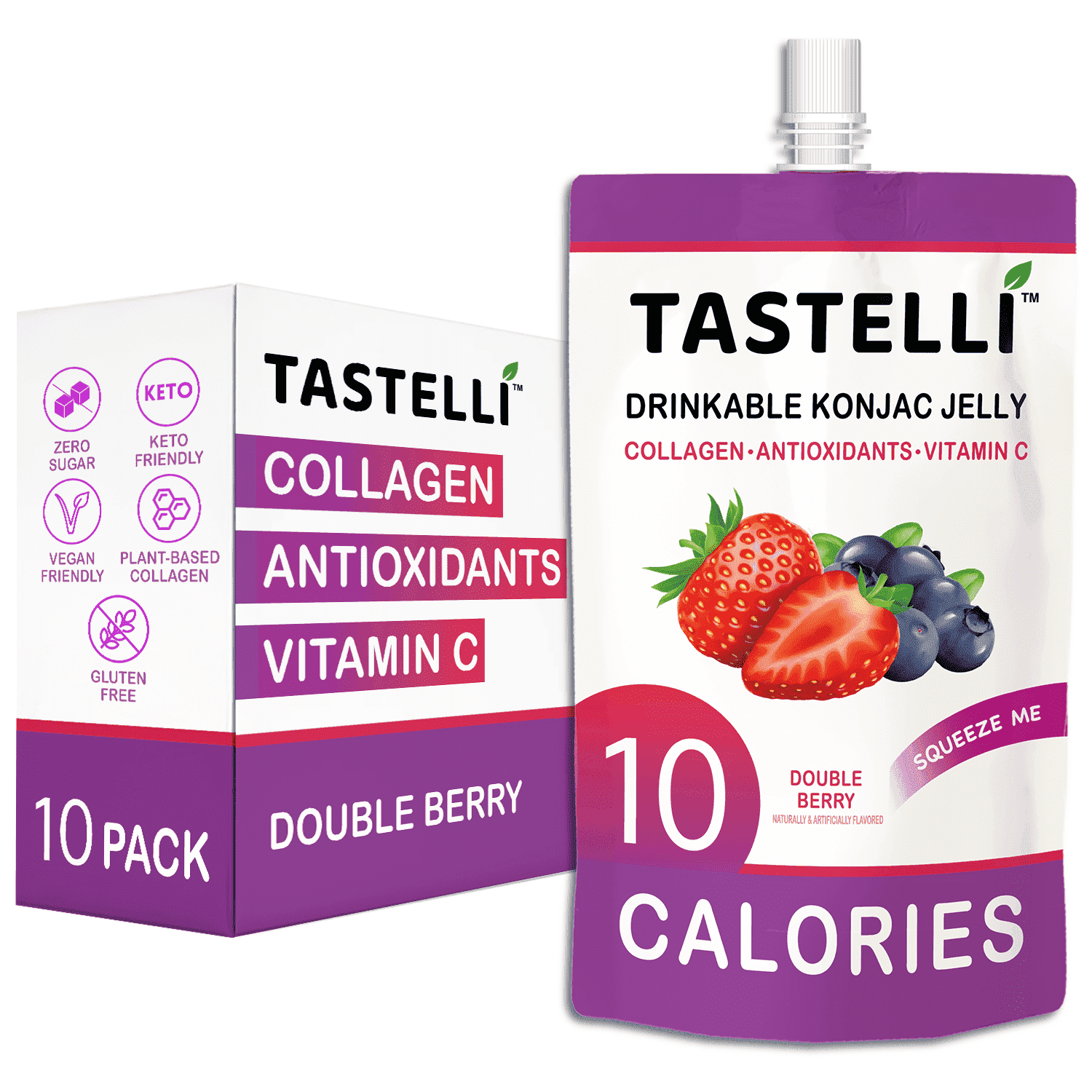 Tastelli Double Berry Konjac Jelly Infused with Collagen | Gluten Free, Sugar Free, Low Calorie | Vegan Drinkable Fruit Jelly Snack  | 10 Pouches