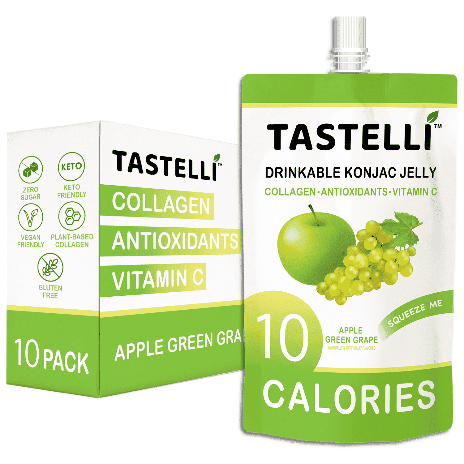Tastelli Konjac Jelly Infused with Collagen | Gluten Free, Sugar Free, Low Calorie | Vegan Drinkable Fruit Jelly Snack | Apple Green Grape | 150mL x 10 Pouches