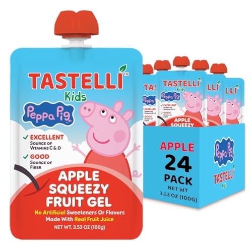 Tastelli Peppa Pig Kids Squeezy Fruit Gel  Apple Flavor  No Artificial Sweeteners or Flavors, Made with Real Fruit Juice, Fiber-Rich Prebiotic Gut Support, Vitamins C & D - 24 Pack