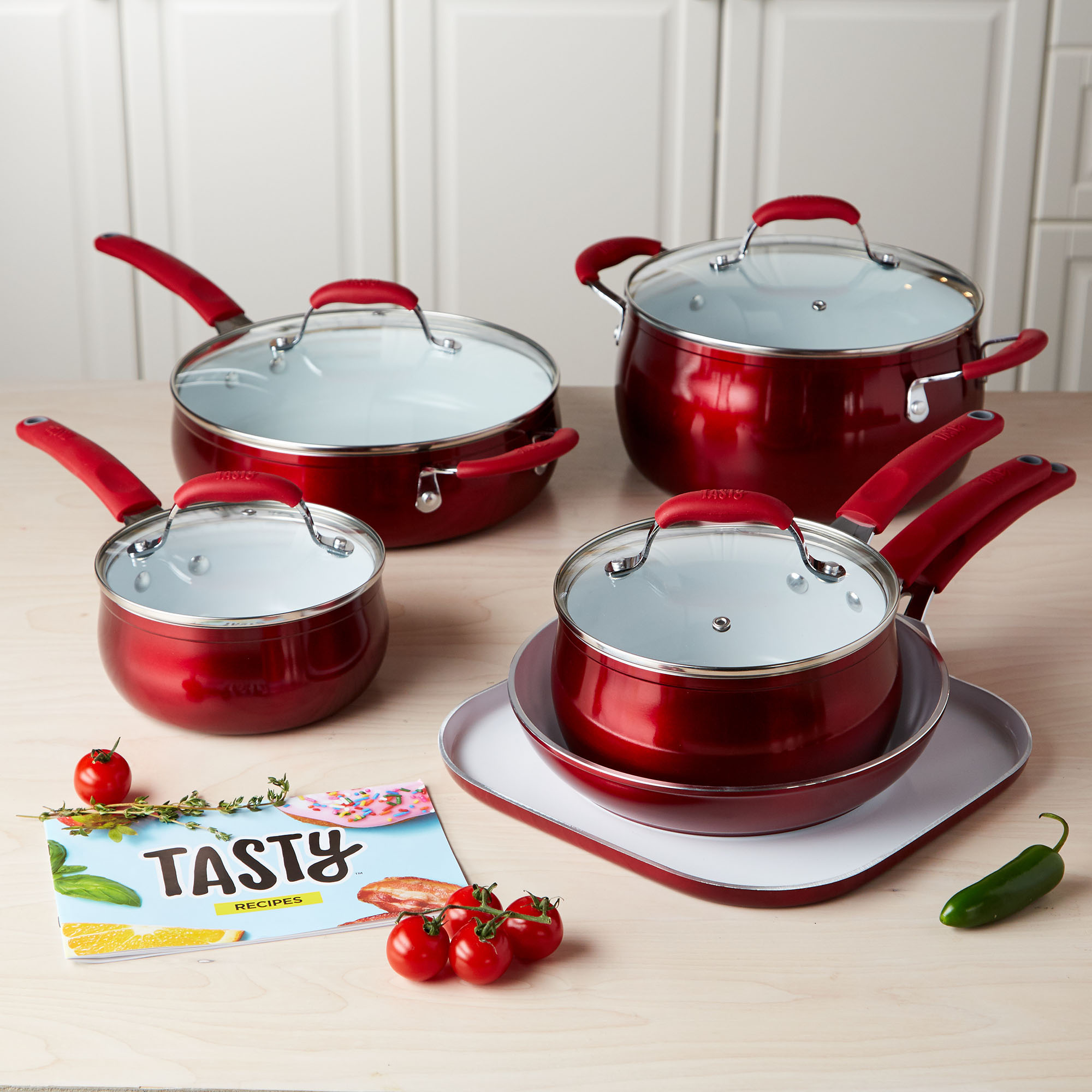Tasty 11Pc Cookware Set Non-stick - Titanium Reinforced Ceramic - Red - image 1 of 6