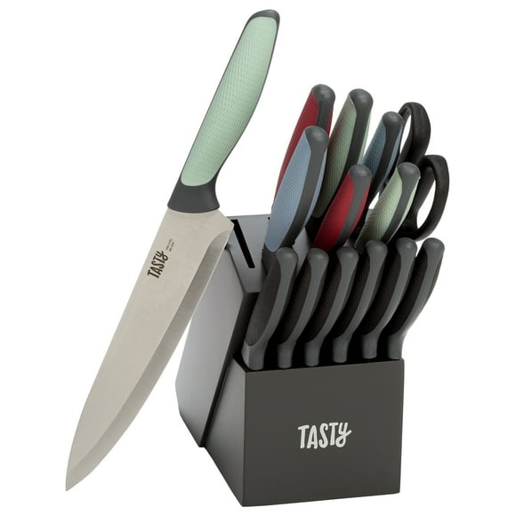 Tasty 15 Piece Stainless Steel Block Knife Cutlery Set, Multicolor