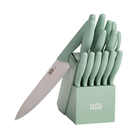 Tasty 15-Piece Stainless Steel Kitchen Knife Set With Block, Soft-Grip Handles Sage