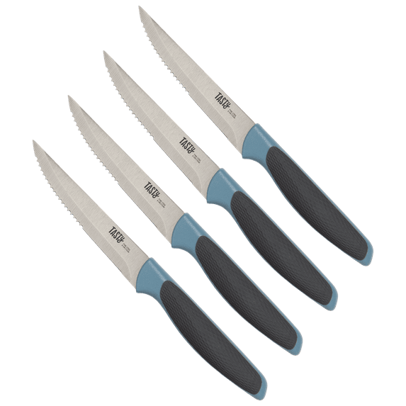 Tasty 4 Piece Stainless Steel Steak Knife Set, Serrated Edge, Blue