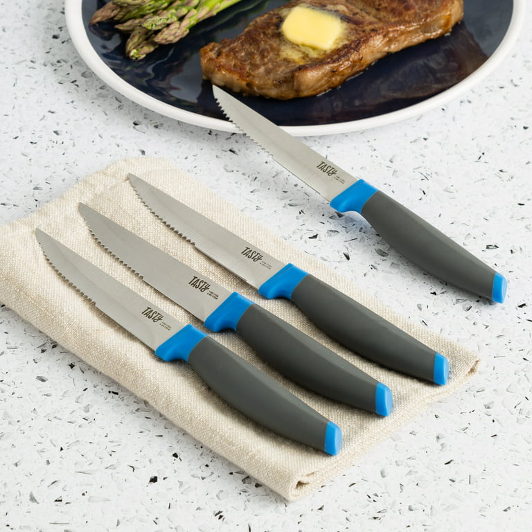 Tasty 4 Piece Stainless Steel Steak Knife Set, Serrated Edge, Royal Blue 
