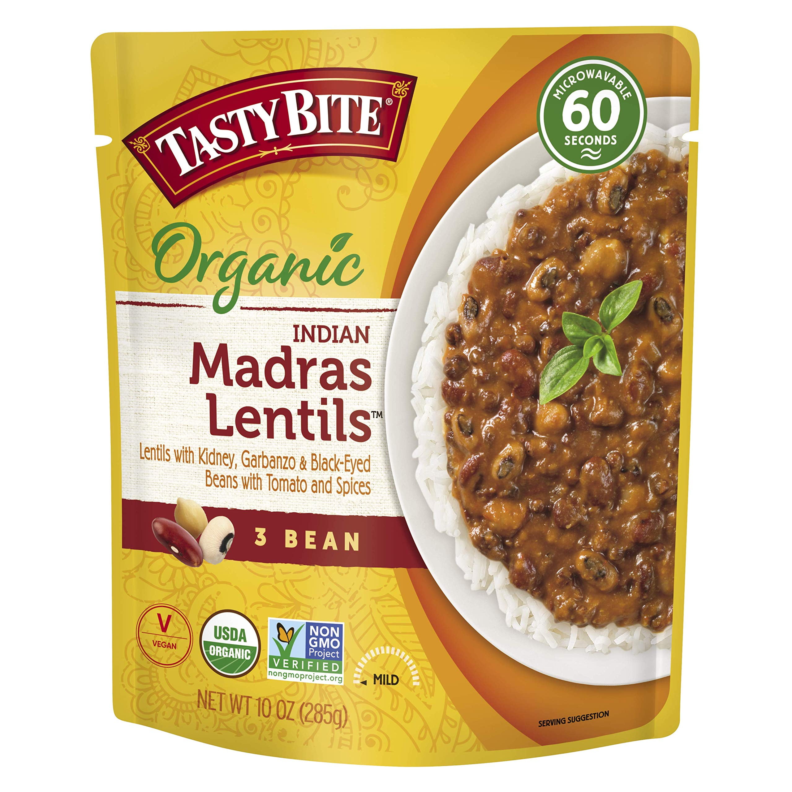 Tasty Bite Organic 3 Bean Madras Lentil 10 Ounce, Lentils, 6 Count, (Pack of 6)