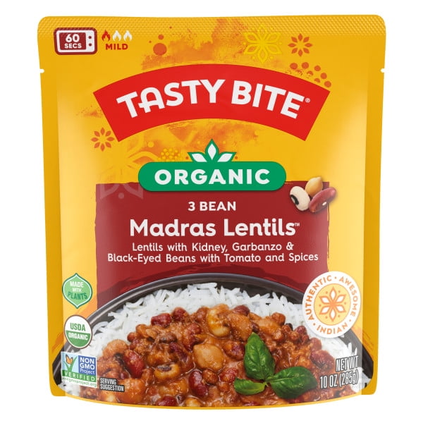 Tasty Bite Organic Madras Lentils 3 Bean, 10 oz (6 pack)