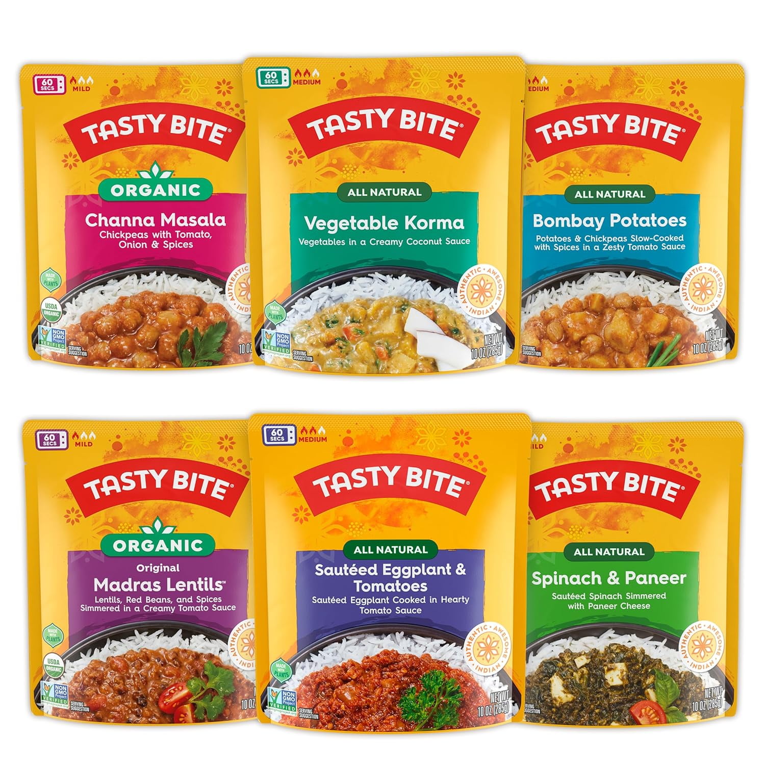 Tasty Bite Variety, Pack of 6, Bombay Potatoes, Kashmir Spinach, Punjab