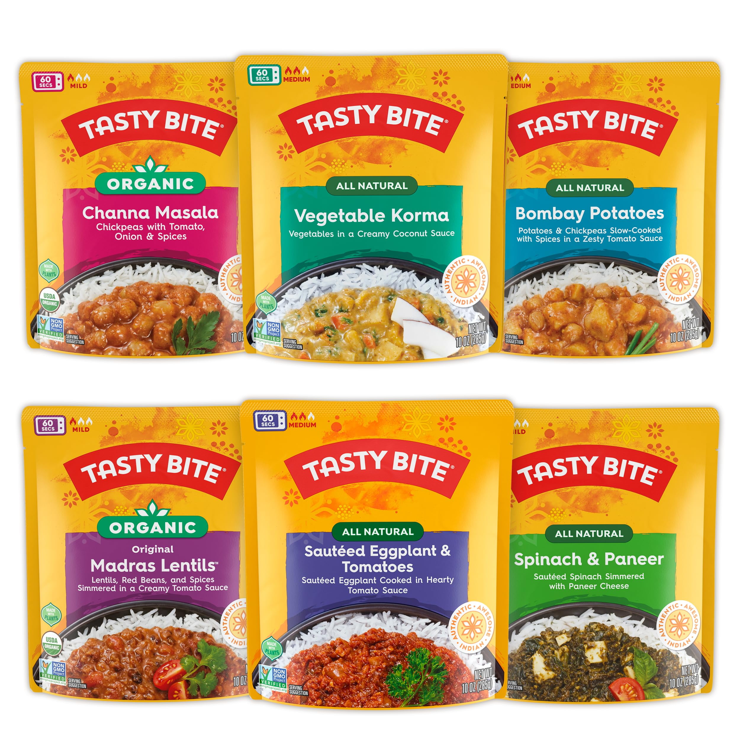 Tasty Bite Variety, Pack of 6, KKS1&nbsp;Bombay Potatoes, Kashmir Spinach, Punjab Eggplant, Channa Masala, Madras Lentils, Vegetable Korma