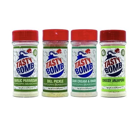 Tasty Bomb Popcorn Seasoning Pack, Keto Friendly, Gluten Free Popcorn Seasoning, Popcorn Seasonings Powder For Gifting, Pack of 4- Sour Cream & Onion, Garlic Parmesan, Dill Pickle, Cheesy Jalapeno