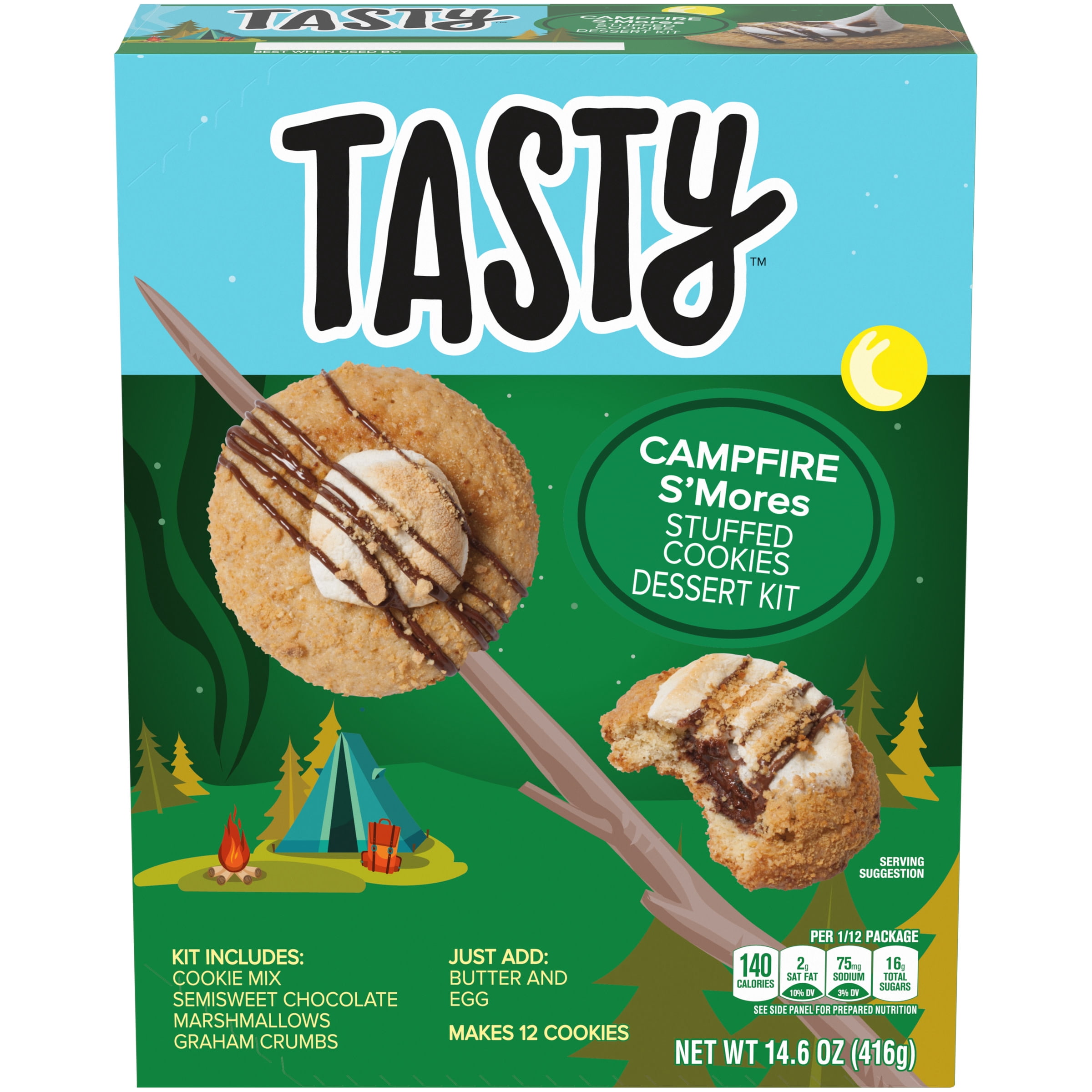 Tasty Campfire S'Mores Stuffed Cookies Dessert Kit with Cookie Mix, Chocolate Marshmallows & Graham Crackers, 14.6 oz Box