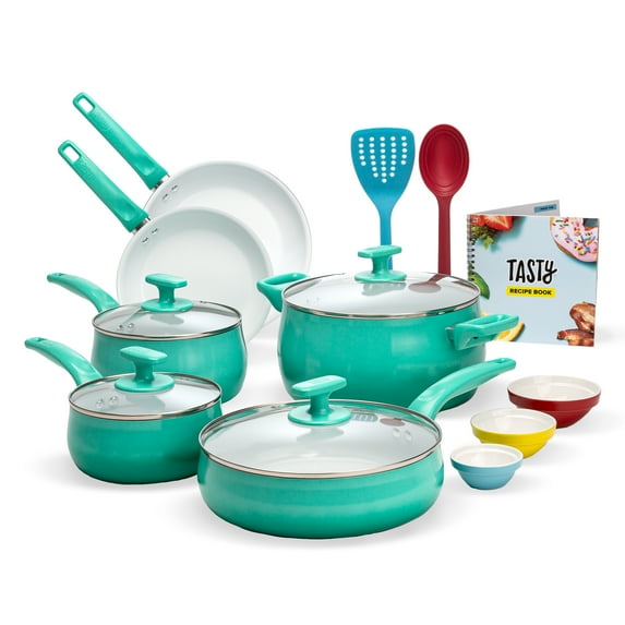Tasty Ceramic Titanium-Reinforced Cookware Set, Ombre Green, 16 Piece
