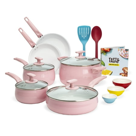 Tasty Ceramic Titanium-Reinforced Cookware Set, Pink, 16 Piece